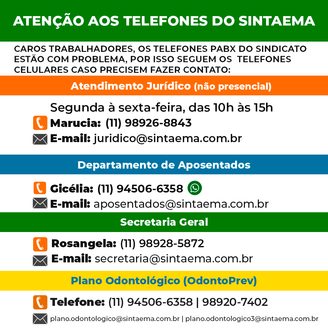 Confira abaixo os contatos dos atendimentos do Sintaema durante o isolamento social. Caso deseje entrar em contato com o(a) diretor(a) de sua região, clique no banner.